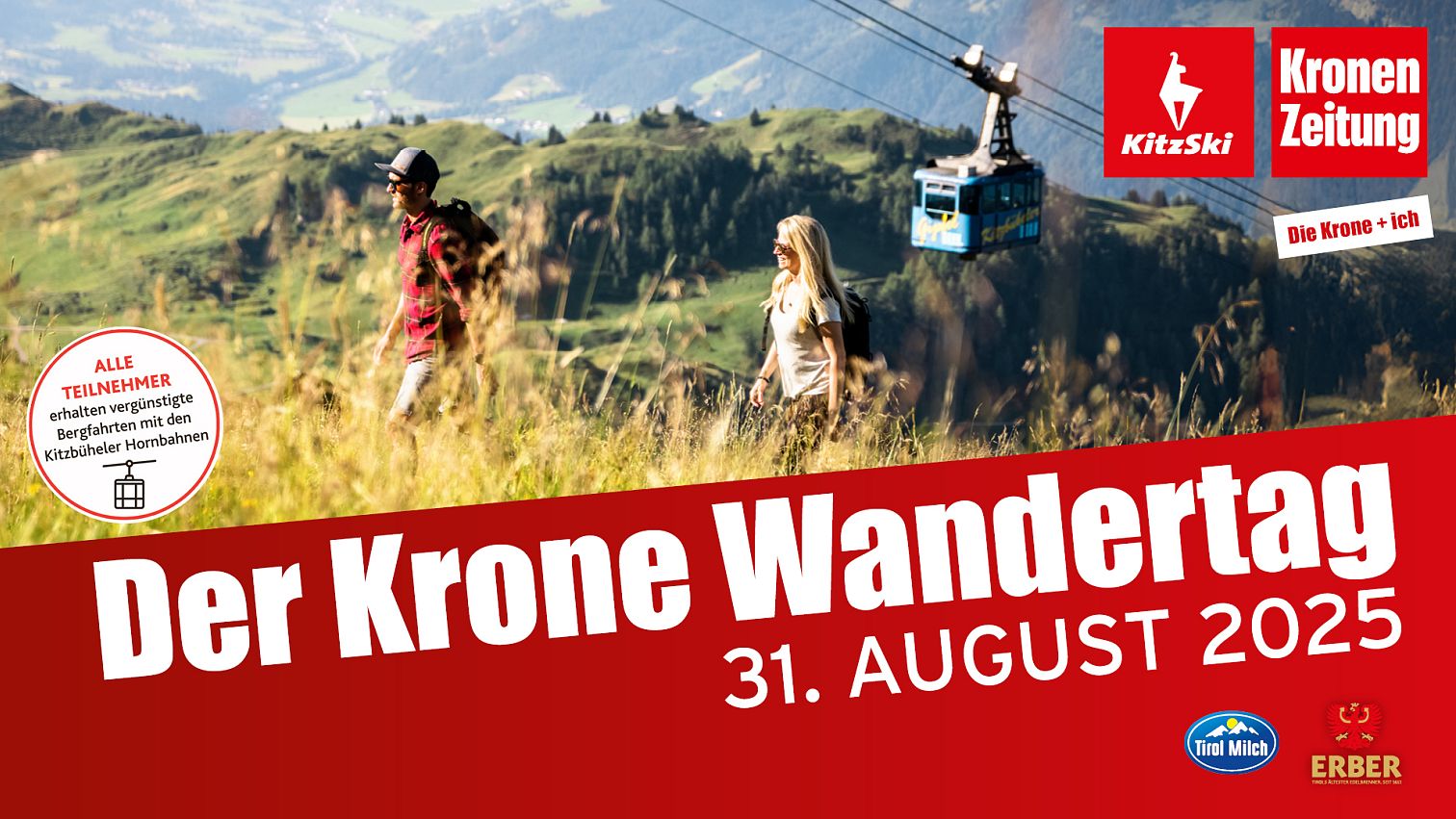 Werbeplakat für den Krone Wandertag am 31. August 2025, mit Seilbahn im Hintergrund und KitzSki-Logo.
