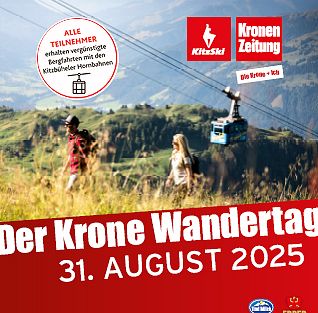 Ein Plakat für den Krone Wandertag 2025 zeigt Wanderer und eine Seilbahn in den Bergen, mit dem Datum 31. August 2025 in großen Lettern hervorgehoben.